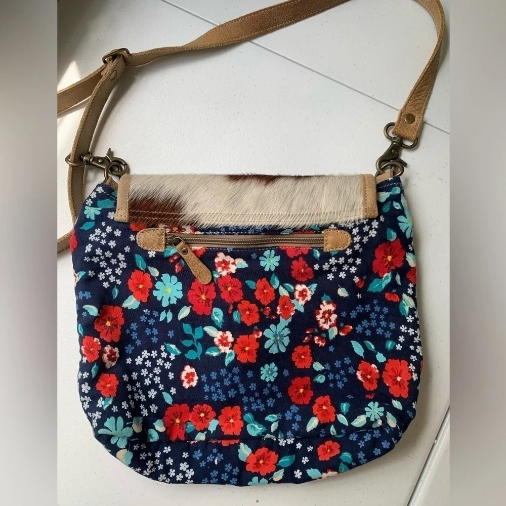 MYRA Bag Cross Body Floral Cowhide Leather Calf Hair Handcrafted Bag